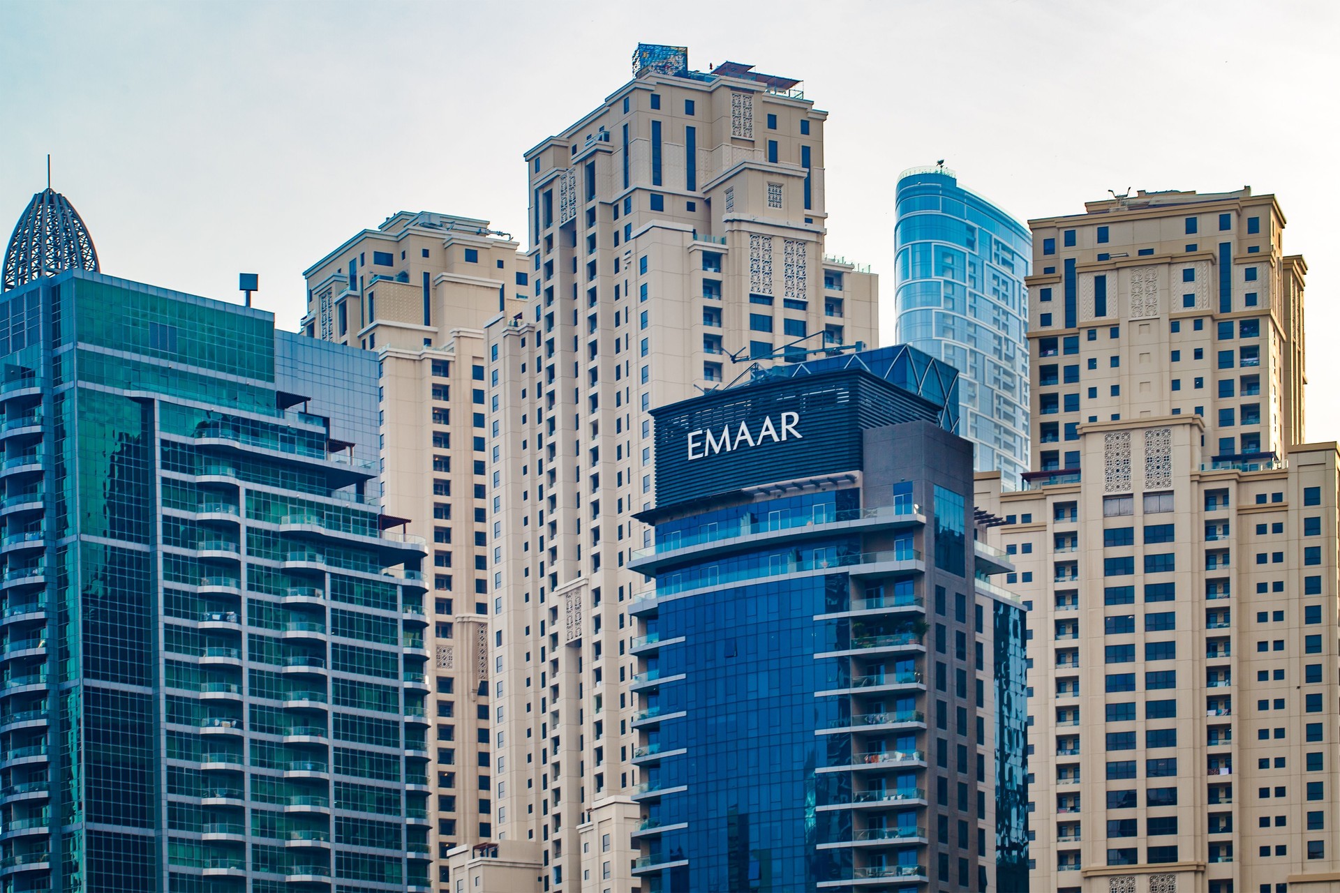 Dubai Marina, part of high-rise buildings with balconies close-up, EMAAR