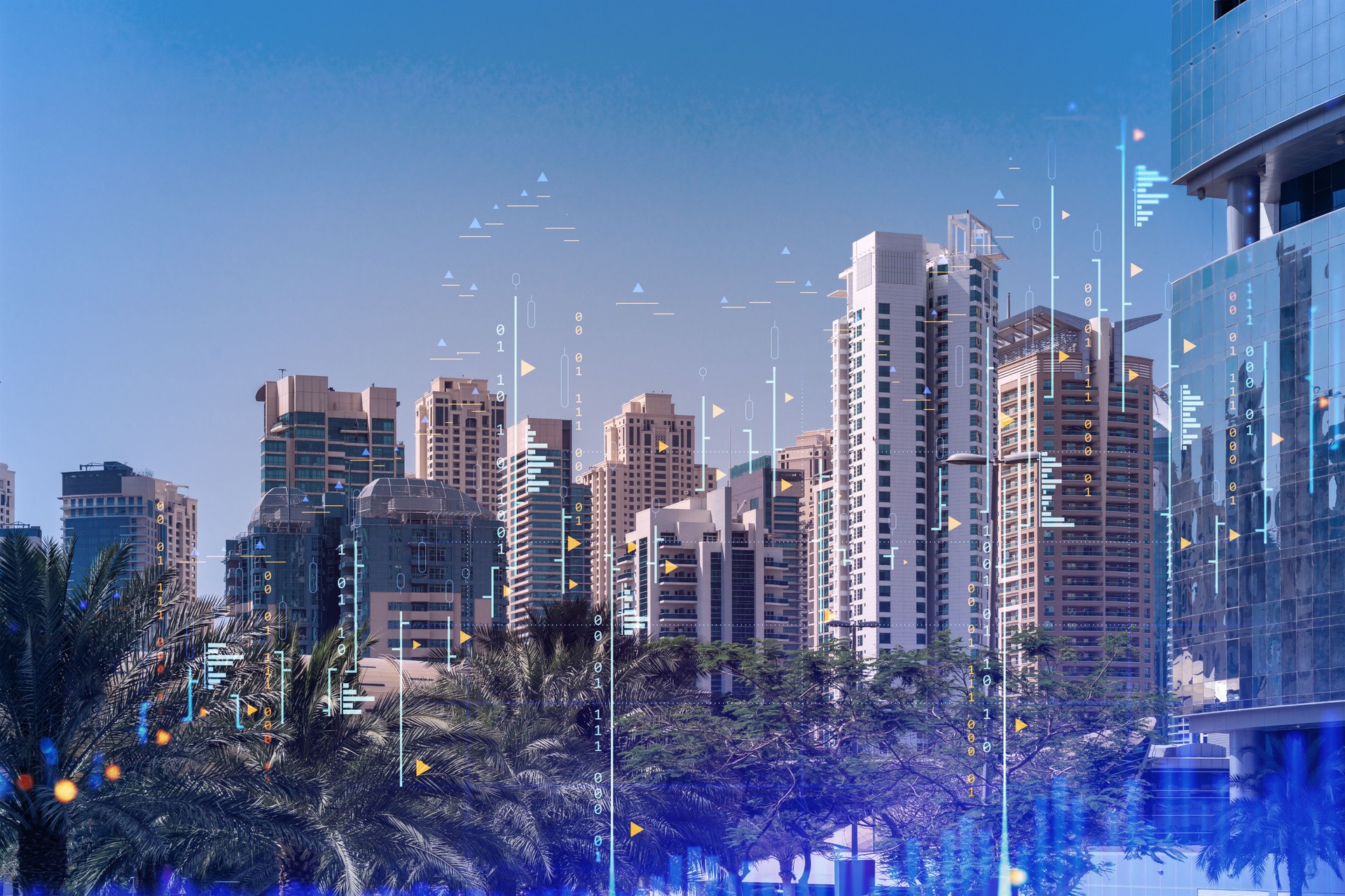 Panoramic view of steel and glass skyscrapers of Dubai Marina. Modern cityscape of the capital of the UAE. Financial services hub. FOREX graph and chart concept. Double exposure.